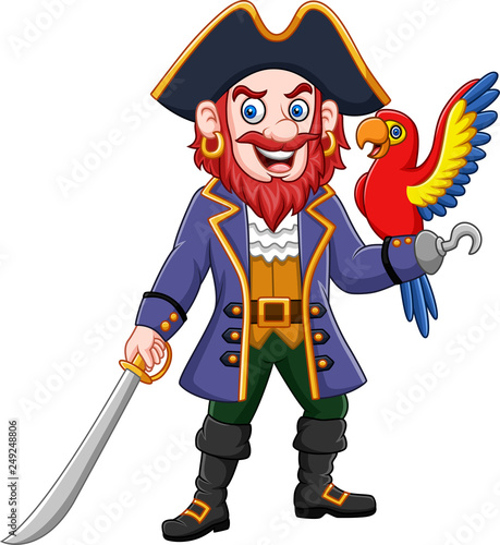 Cartoon pirate captain and macaw bird