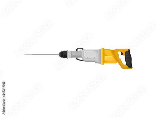 Jackhammer with steel drill bit, side view. Electric hammer drill with yellow handle. Power tool. Flat vector icon