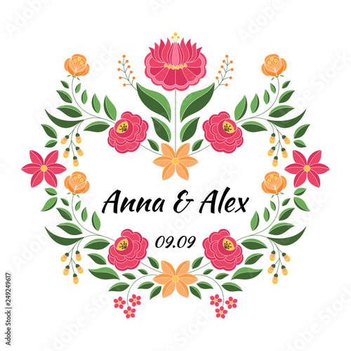 Vintage flowers wedding save the date card template vector. Hungarian folk pattern. Kalocsa embroidery floral ethnic ornament. Frame for summer birthday invitation, bridal shower party.