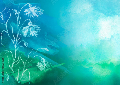 Fototapeta Naklejka Na Ścianę i Meble -  Watercolor bouquet of blue, green flowers, Beautiful abstract splash of paint, fashion illustration. knapweed flowers, wildflowers, field or garden flowers. Vintage card. Grunge art background. 