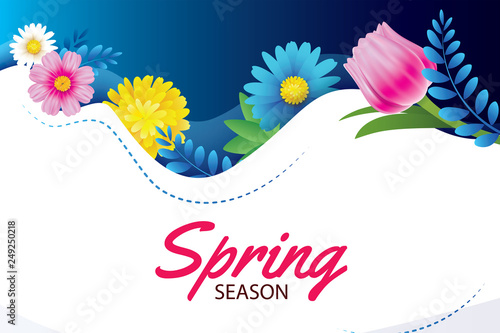 Hello spring greeting card and invitation with blooming flowers background template. Design for decor, flyers, posters, brochure, banner.