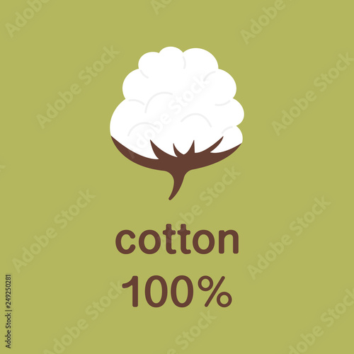 Natural organic cotton vector label, sticker, logo. Isolated icon on green  background. Cotton labels or logo for pure 100 percent natural cotton  textile tag icon vector Stock Vector