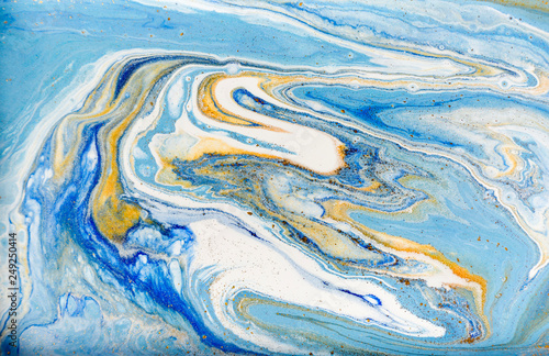 White, blue and gold marbling pattern. Golden marble liquid texture. © anya babii