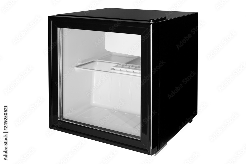 New black refrigerator, mini bvr with closed glass door, for hotel, side view, refrigerator empty New black refrigerator, mini bvr with closed glass door, for hotel, side view, refrigerator empty