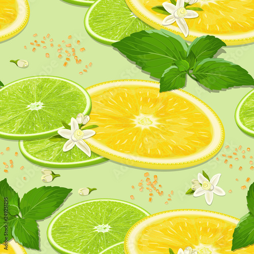 Lime, lemon, mint, sugar, lemon flowers seamless texture