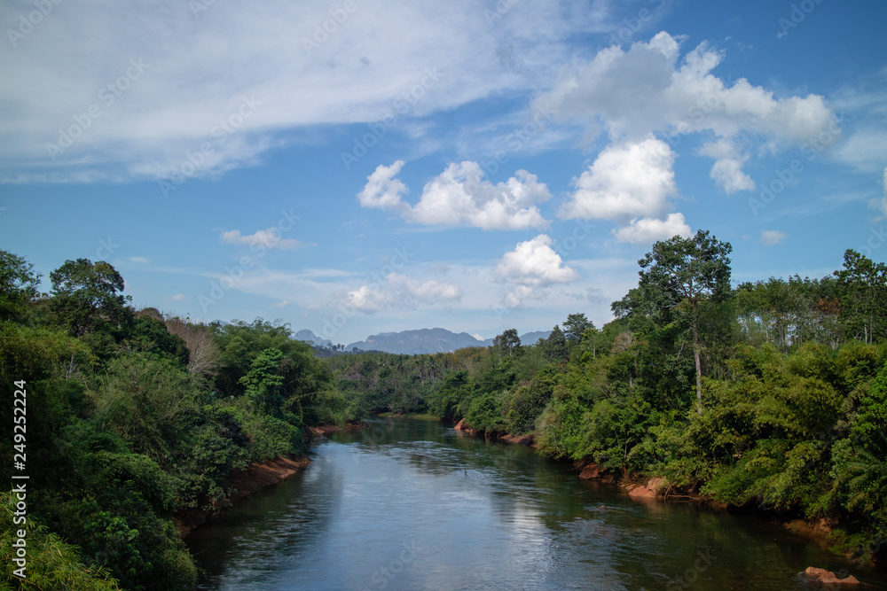 Water, mountains, trees, sky background Water, mountains, trees, sky background