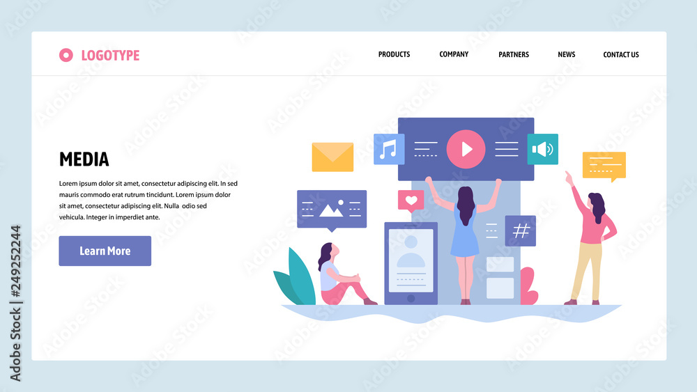 Vector web site gradient design template. Online digital media content. Music, video and photo content. Landing page concepts for website and mobile development. Modern flat illustration.