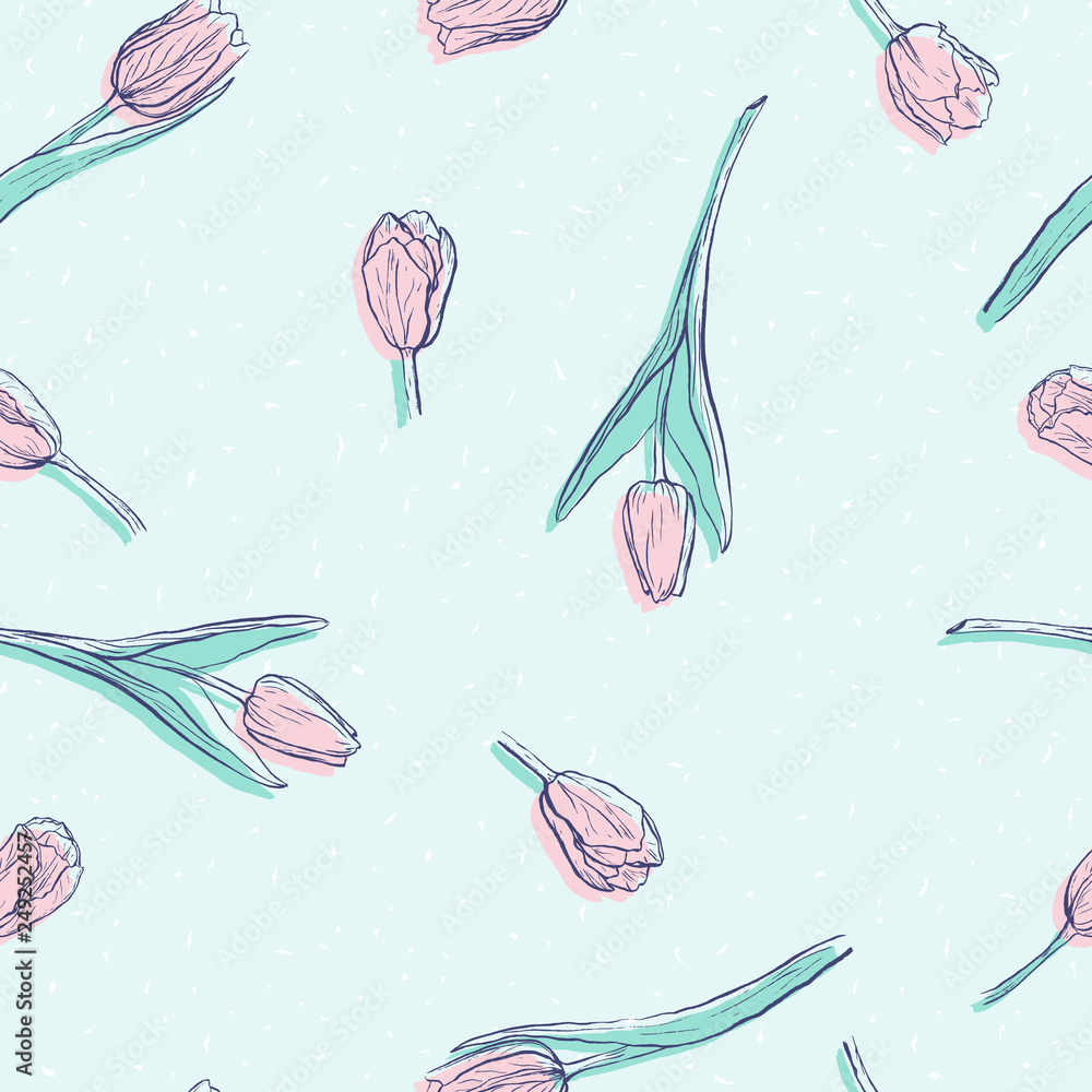 Flat hand drawn seamless pattern with tulips in pink and light blue pale colors Flat hand drawn seamless pattern with tulips in pink and light blue pale colors