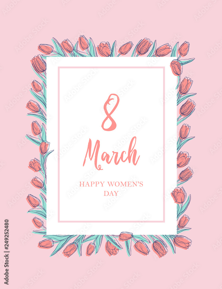 Flat elegant vertical greeting card template with hand drawn tulips and text. March 8 banner Flat elegant vertical greeting card template with hand drawn tulips and text. March 8 banner