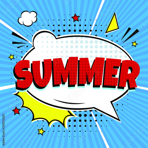 Comic Lettering Summer In The Speech Bubbles Comic Style Flat Design. Dynamic Pop Art Vector Illustration Isolated On Rays Background. Exclamation Concept Of Comic Book Style Pop Art Voice Phrase.