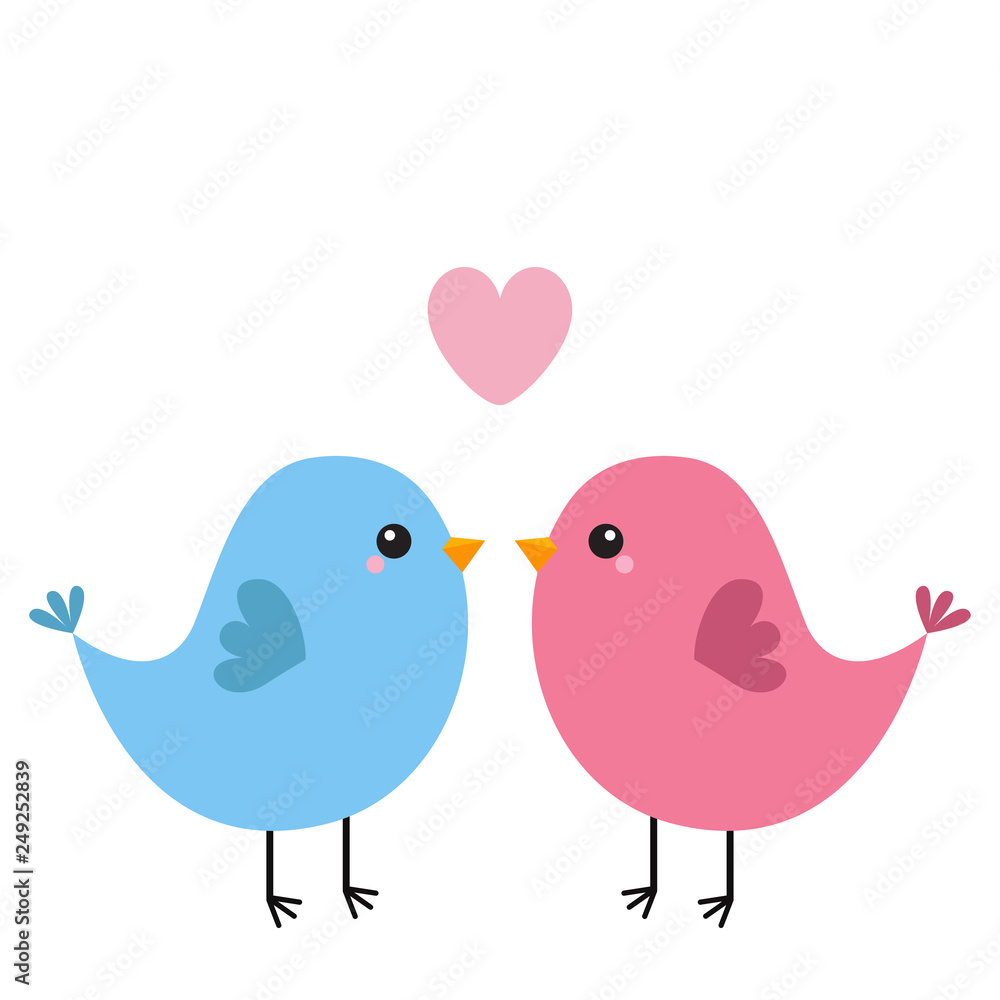 Two bird couple. Pink heart. Happy Valentines Day. Love Greeting card. Cute cartoon kawaii baby character. Flat design. White background. Isolated.