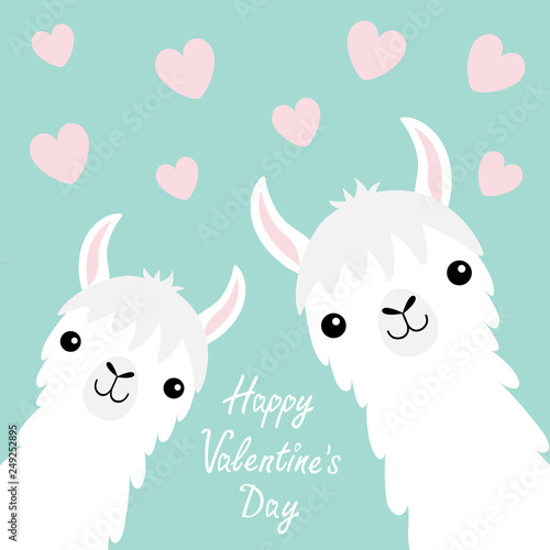 Happy Valentines Day. Llama alpaca animal set. Face neck. Pink flying heart. Cute cartoon funny kawaii baby character. Fluffy hair fur. Love greeting card. Flat design. Blue background
