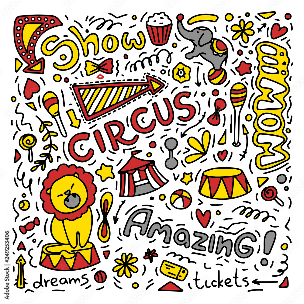 Circus vector color doodling amazing show text dreams tickets performance 