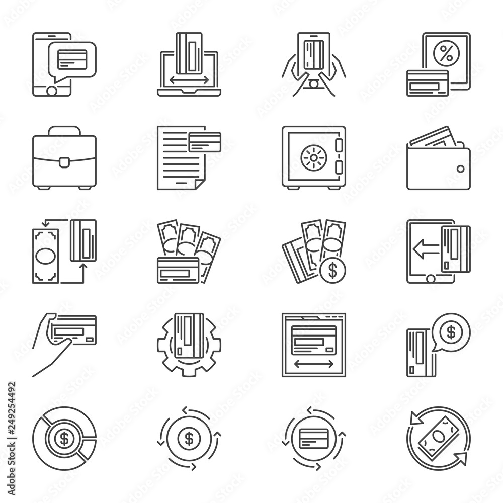 Online Shopping and Payment concept outline icons set. Vector money linear signs