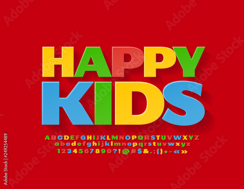 Vector Flat Colorful logo Happy Kids with Font. Bright Alphabet Letters, Numbers and Symbols for Children 