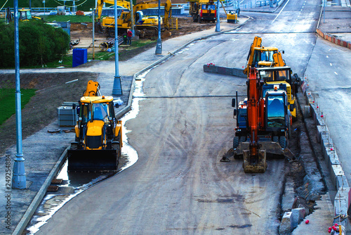 road equipment near construction new route on the road