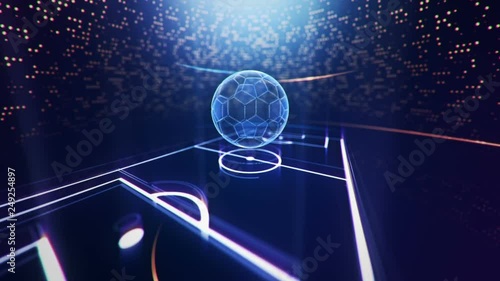 Abstract animation drawing of soccer field shape from neon line and flickering particles with flying soccer ball on background. 
