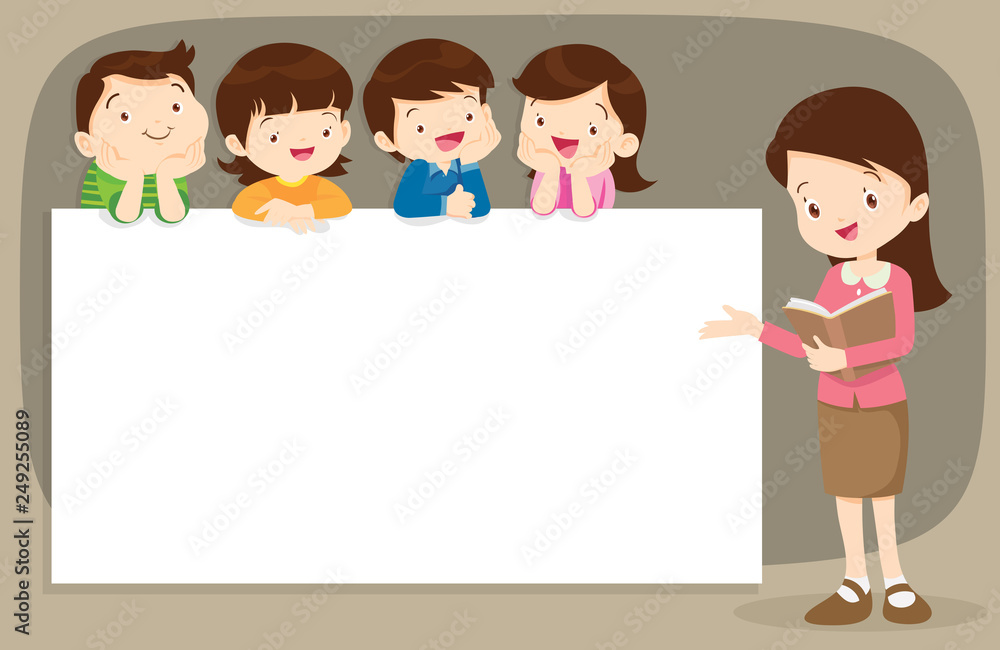 Teacher and Children boyand girl with banner Teacher and Children boyand girl with banner