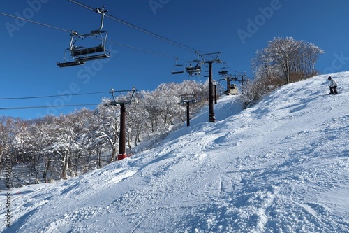 スキー場でウインタースポーツを楽しむ人たち