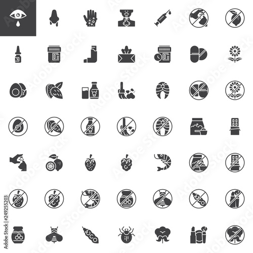 Allergy elements vector icons set, modern solid symbol collection, filled style pictogram pack. Signs, logo illustration. Set includes icons as Allergen food, Runny nose, Dry eyes, Rash, Nasal spray