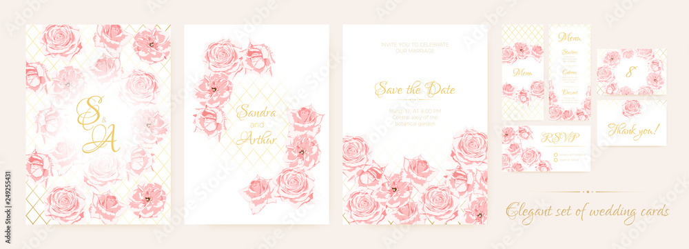 Wedding Cards Set with Delicate Pink Roses.