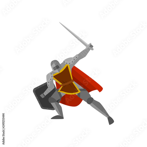 Close-up of knight in a warlike pose with raised sword in hand and lowered shield in a red cloak on white background