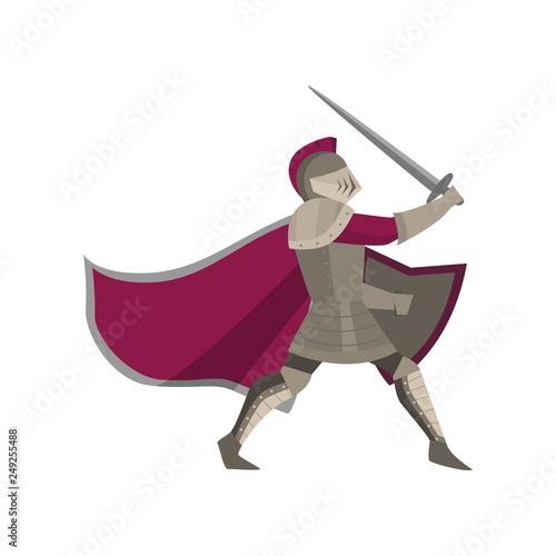 Moving warrior knight with raised sword in hand on a white background