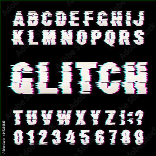 Glitch alphabet font. Damaged type letters and numbers on a black background. Vector typescript for your design.