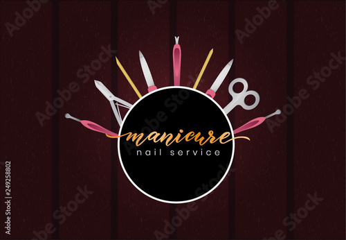 Template for business card with manicure equipment. Hand lettering Manicure. Nail service. Vector
