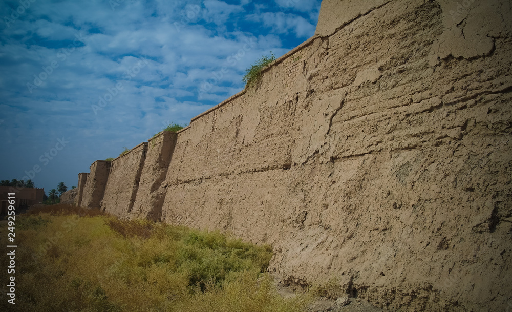 Wall of partially restored Babylon ruins at Hillah, Iraq