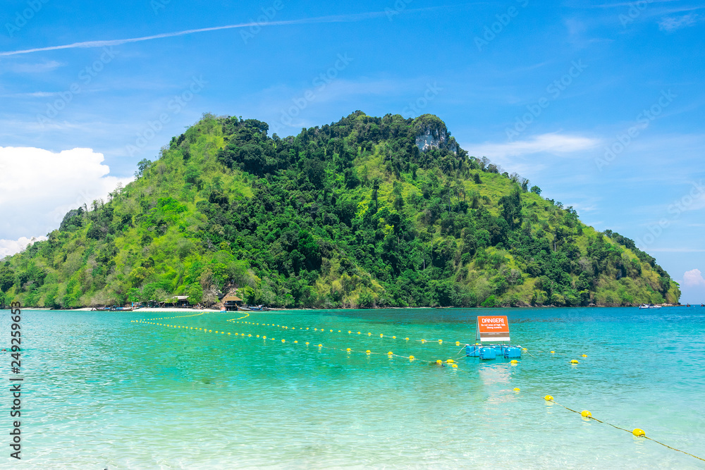 Obraz premium A Thai long tail boat on the beach of Andaman sea located at Krabi near Phuket, Thailand