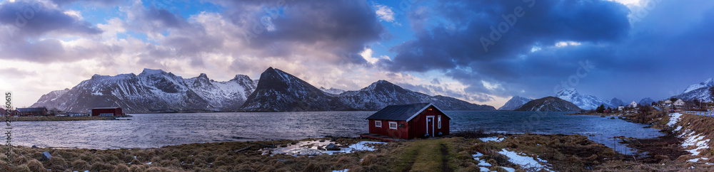 panorama view of small house near the lake over the mountians, Lofoten, Norway