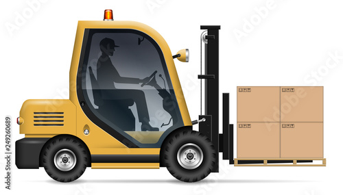 Realistic forklift with carton boxes on white background. Warehouse worker driving a lift truck, side view. All elements in the groups on separate layers for easy editing and recolor