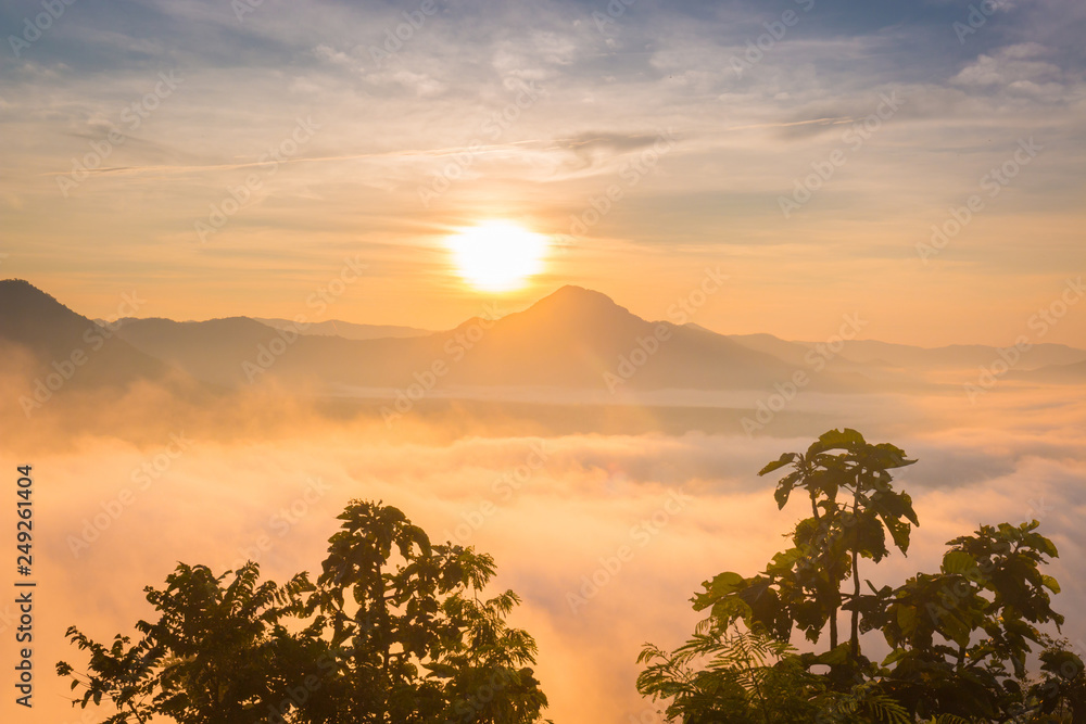 Beautiful sunrise seen from the top of the Phu-tok National Park. Beautiful sunrise seen from the top of the Phu-tok National Park.