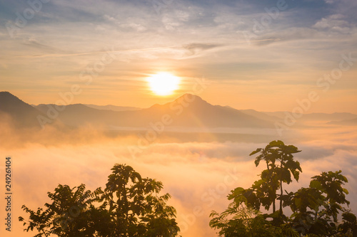 Beautiful sunrise seen from the top of the Phu-tok National Park.