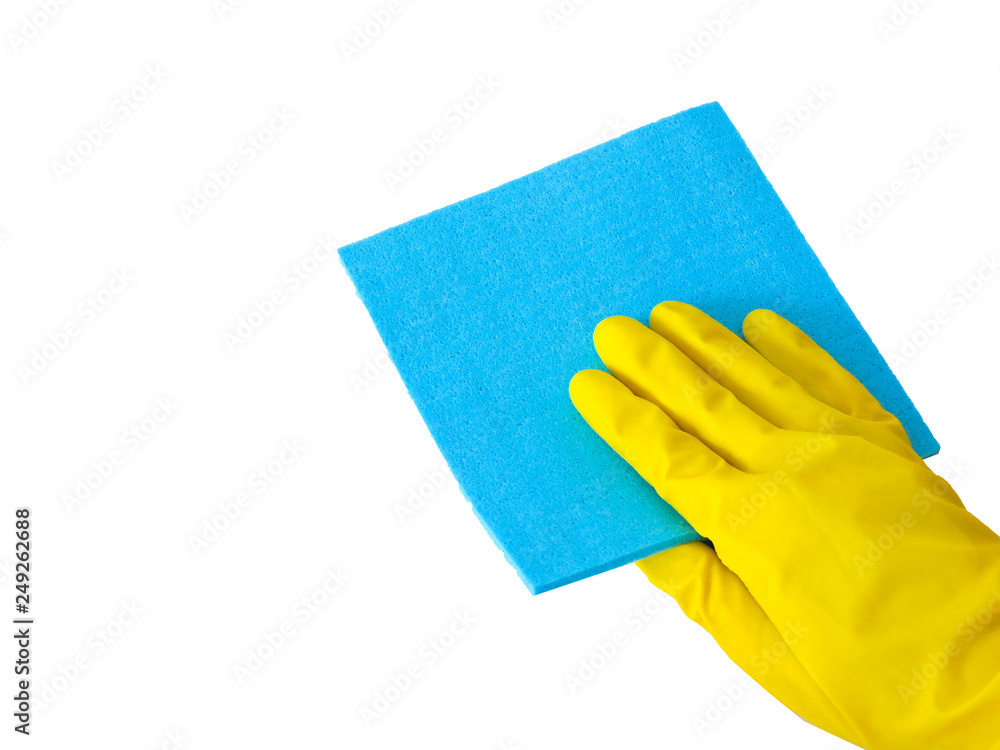 Employee hand in rubber protective glove with micro fiber cloth wiping wall from dust. Cleaning or housekeeping concept background.Getting started cleaning. Commercial cleaning company. Copy space. Employee hand in rubber protective glove with micro fiber cloth wiping wall from dust. Cleaning or housekeeping concept background.Getting started cleaning. Commercial cleaning company. Copy space.