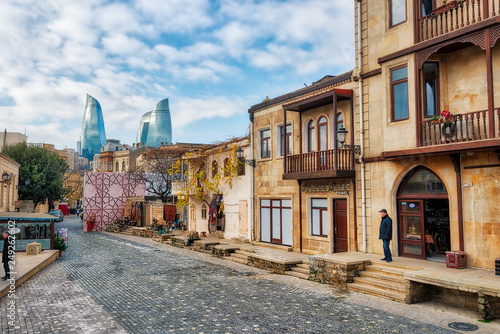 Baku Flame Towers and Old Town, Azerbaijan, taken in January 2019