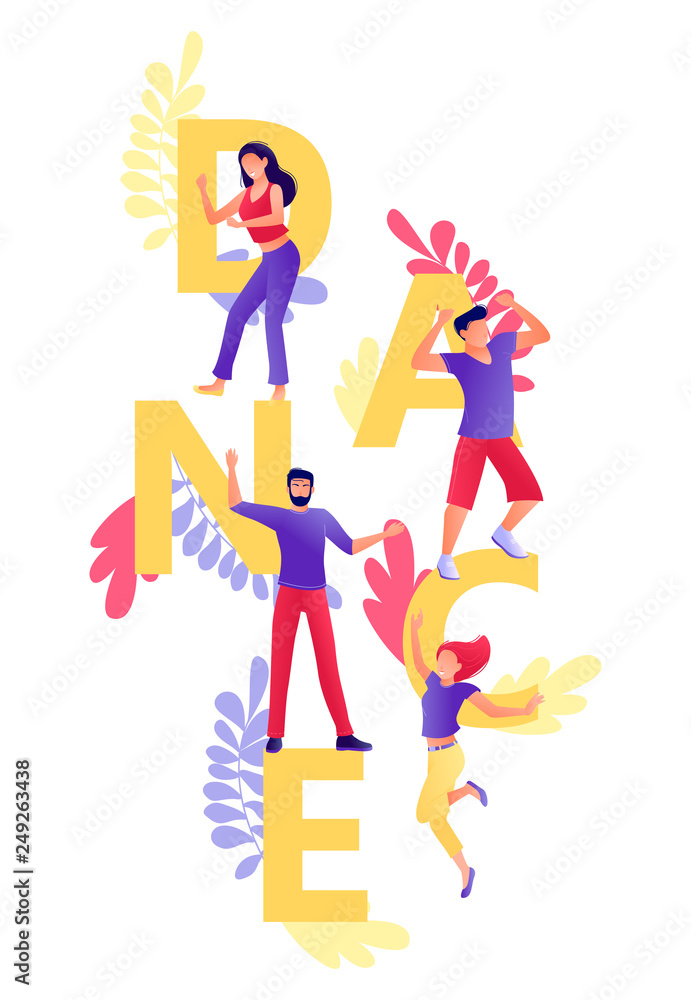 Dance letters with group of dancing people around. Young men and women have fun together. Corporate party, festival, holidays, carnival. Studio or dance school. Flat concept vector illustration