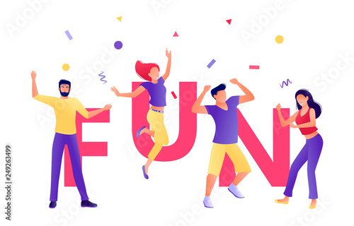 Fun letters with group of dancing people around. Young men and women have fun together. Corporate party  festival  holidays  carnival. Studio or dance school. Flat concept vector illustration