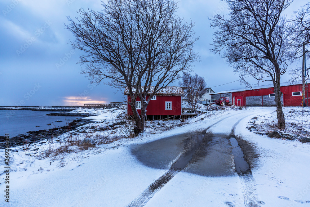 Naklejka premium small house in the snow, Lofoten, Norway