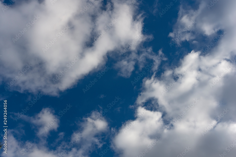 Beautiful fluffy white clouds on the bright blue sky. The mood of happiness, love and delight. Great background for any design. Place for text and any items.