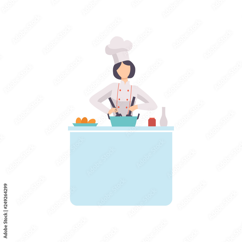 Woman Chef Cook Character Wearing Uniform and Hat Cooking in Kitchen Vector Illustration Woman Chef Cook Character Wearing Uniform and Hat Cooking in Kitchen Vector Illustration
