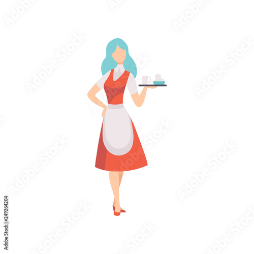 Female Waitress Character Wearing Apron Standing with Tray Vector Illustration