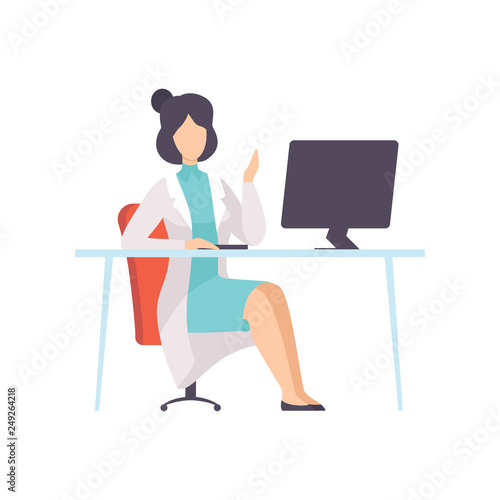 Female Doctor Character Working at Desk with Computer Vector Illustration