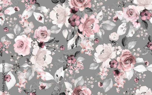Seamless pattern with flowers and leaves. Hand drawn background.  floral patt...