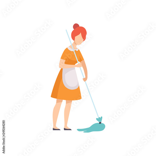 Housemaid Mopping Floor, Housewife Character Wearing Uniform with Mop Vector Illustration