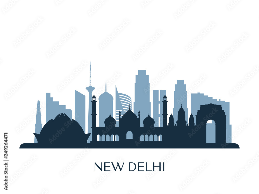 New Delhi skyline, monochrome silhouette. Vector illustration.