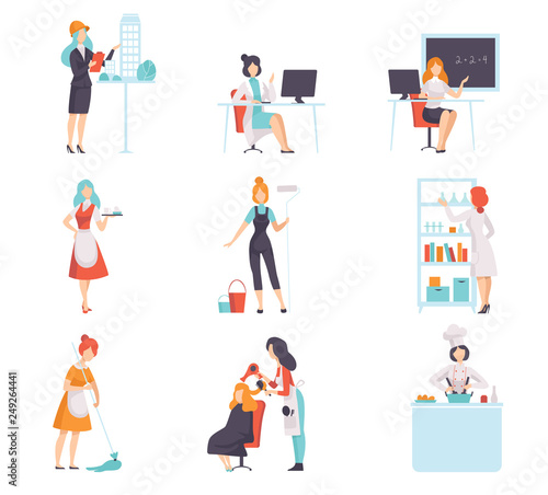 Women of Different Professions Set, Doctor, Architect, Chef Cook, Housemaid, Construction Worker, Waitress, Teacher, Hairdresser, Scientist, Vector Illustration