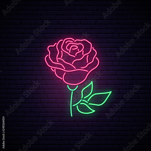 Rose neon sign. Light flower on brick wall background. Vector illustration.