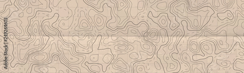 Abstract horizontal long banner with topographic line map and paper effect. Vector geographic contour grid.